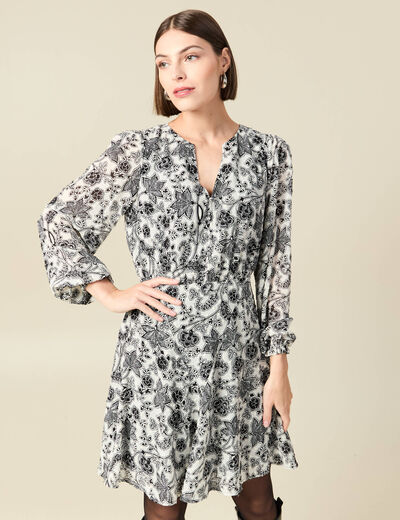 Robe fluide col v manches longues blanc femme