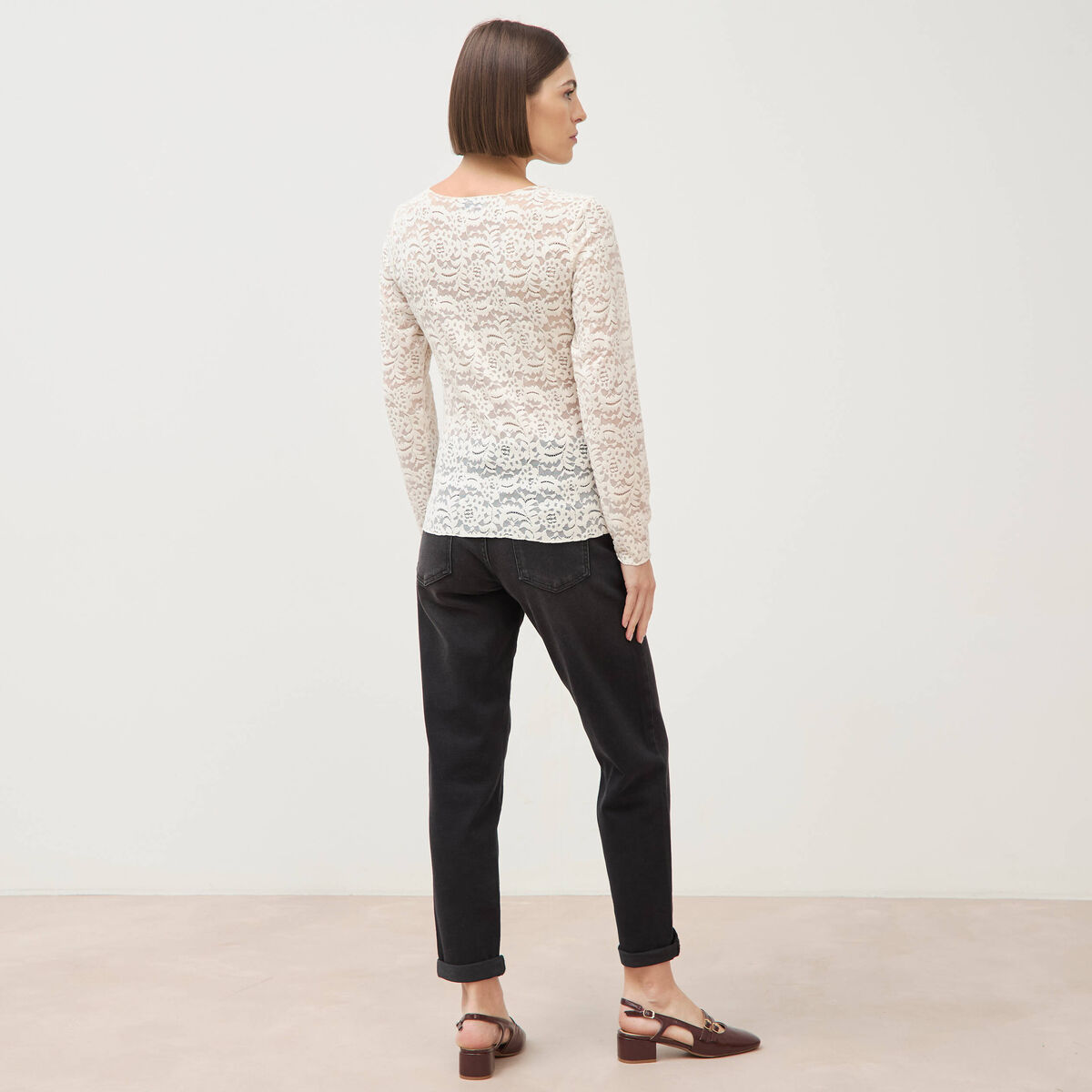 Blouse droite col bateau dentelle ivoire femme