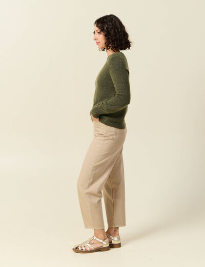 Pull col V manches longues vert kaki femme
