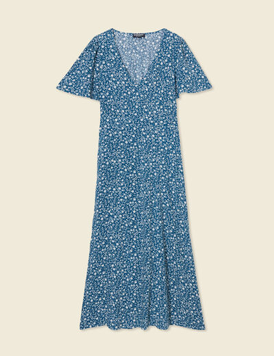 Robe longue droite col v manches courtes bleu femme