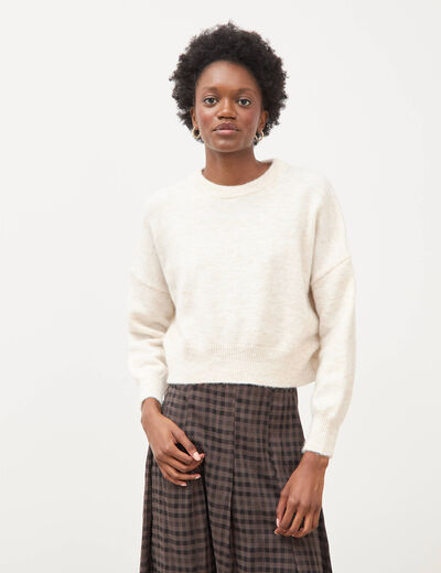 Pull droit cropped manches longues creme femme