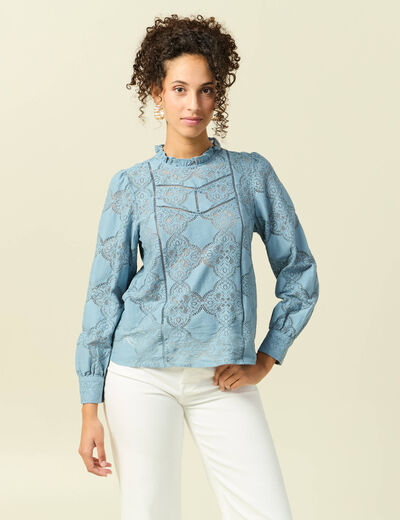 Blouse cintr&eacute;e dentelle manches longues gris femme
