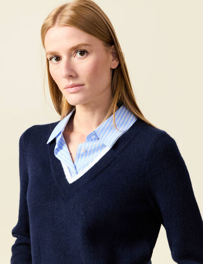 Pull manches longues 2-en-1 bleu foncé femme