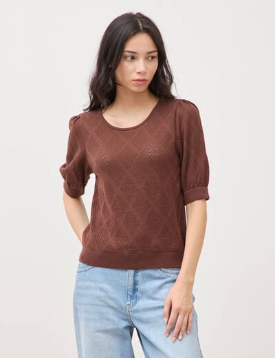 Pull ajour&eacute; droit court manches courtes marron fonc&eacute; femme