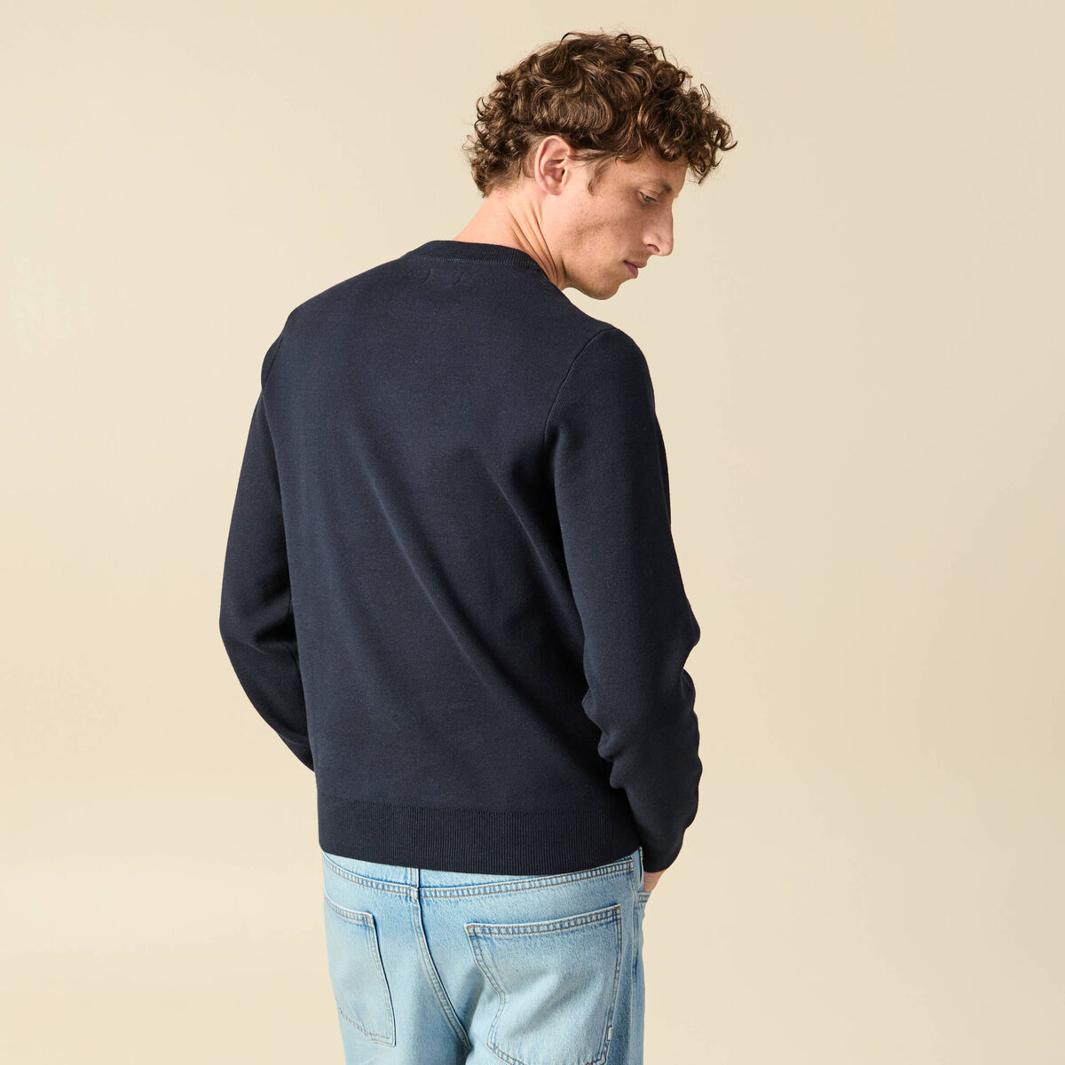 Pull fin manches longues col rond bleu marine homme
