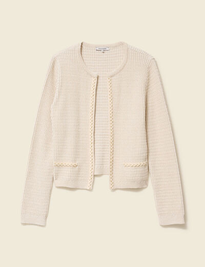 Gilet court droit manches longues creme femme