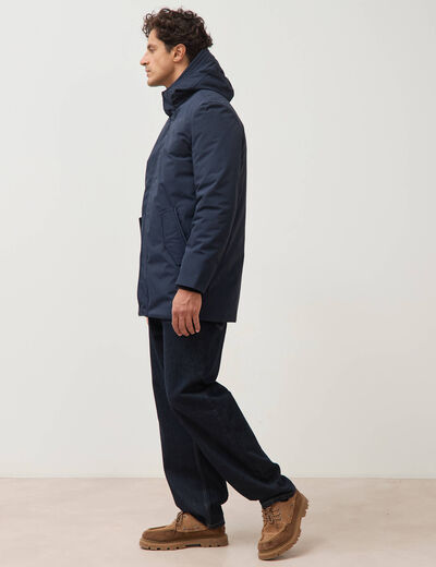 Parka longue droite &agrave; capuche bleu marine homme