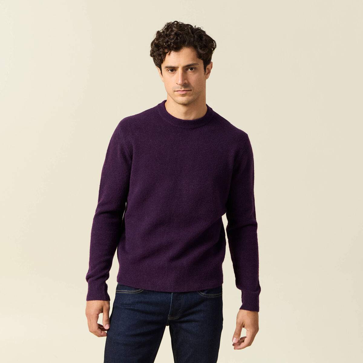 Pull manches longues col rond violet fonc&eacute; homme