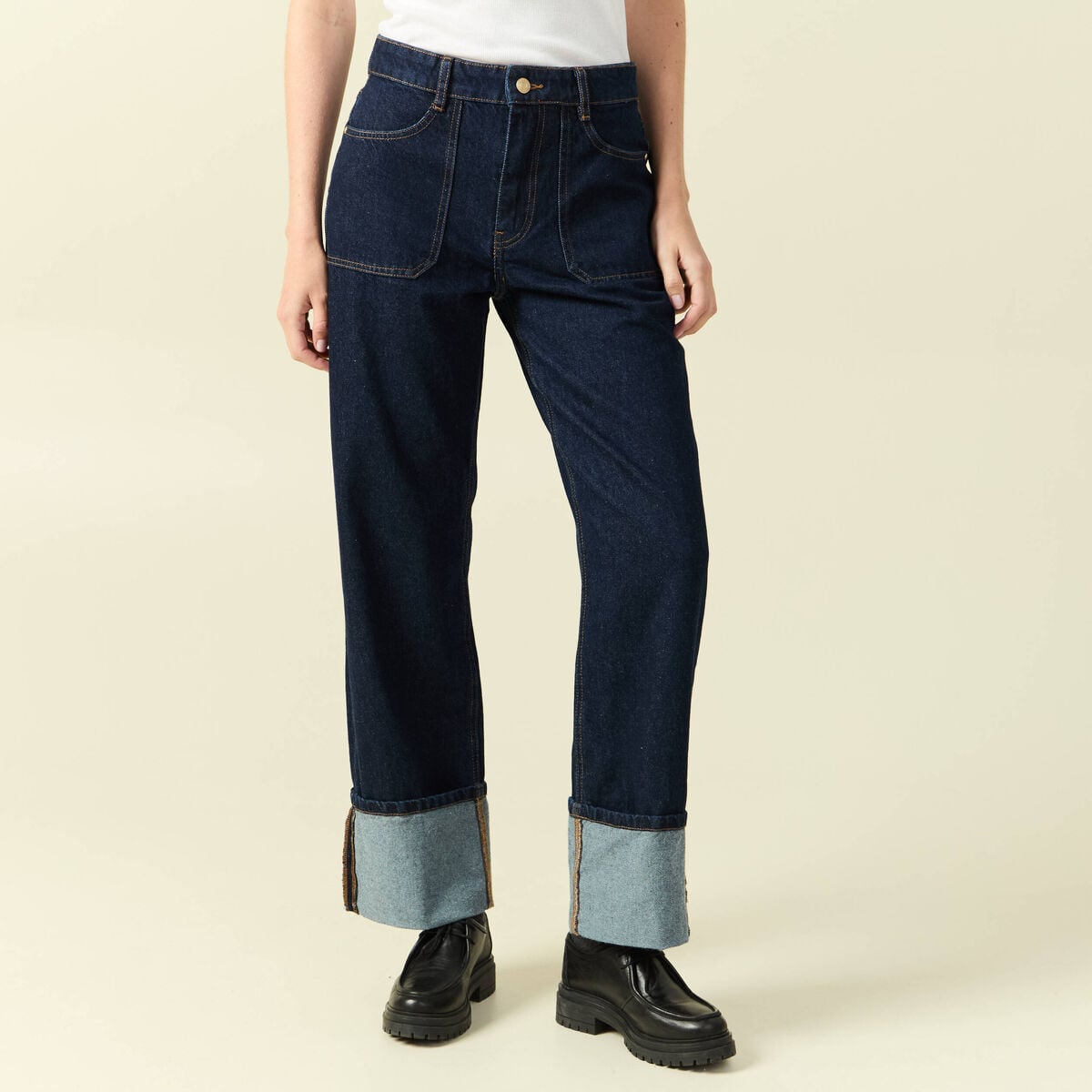 Jeans wide large taille haute denim brut rinse femme