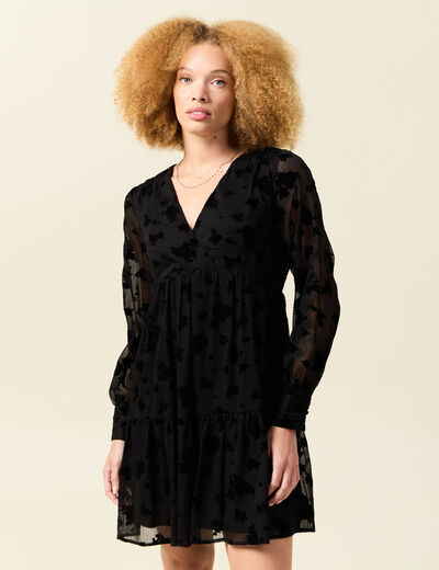 Robe manches longues en voile doubl&eacute;e noir femme