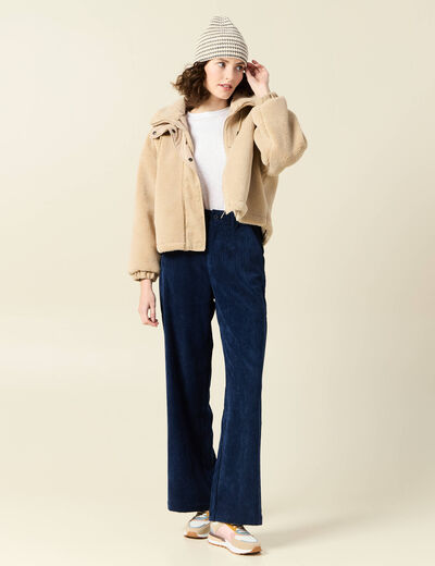 Pantalon large velours pinces bleu marine femme