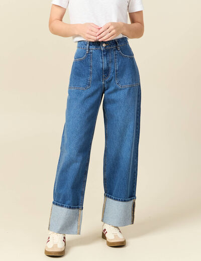 Jeans wide large taille haute denim stone femme