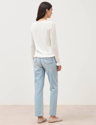 Pull ajour&eacute; col rond manches longues ecru femme