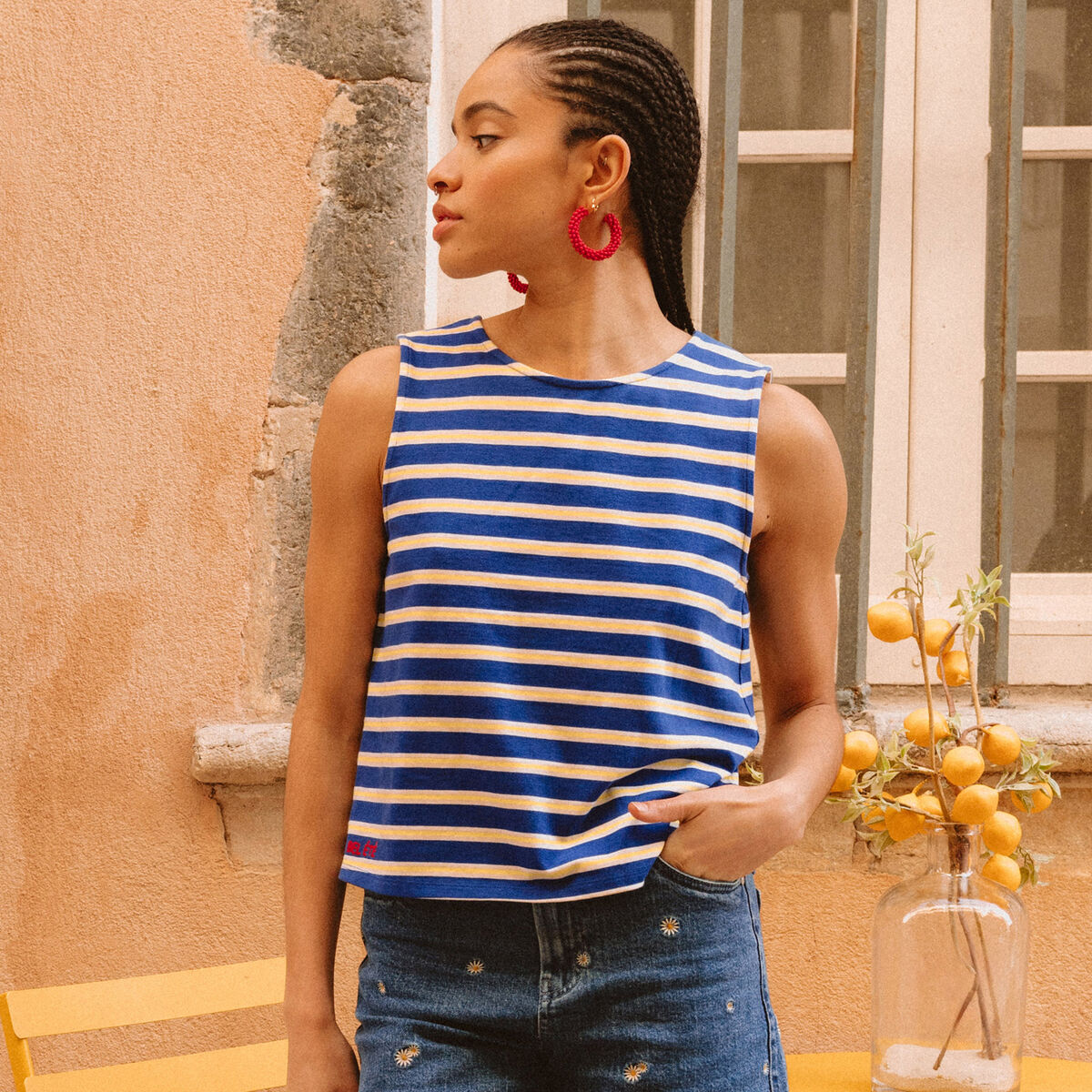 D&eacute;bardeur ray&eacute; col rond en coton bleu femme