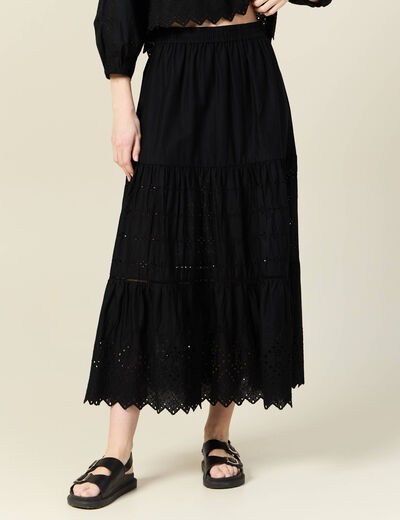 Jupe longue évasée brodée noir femme