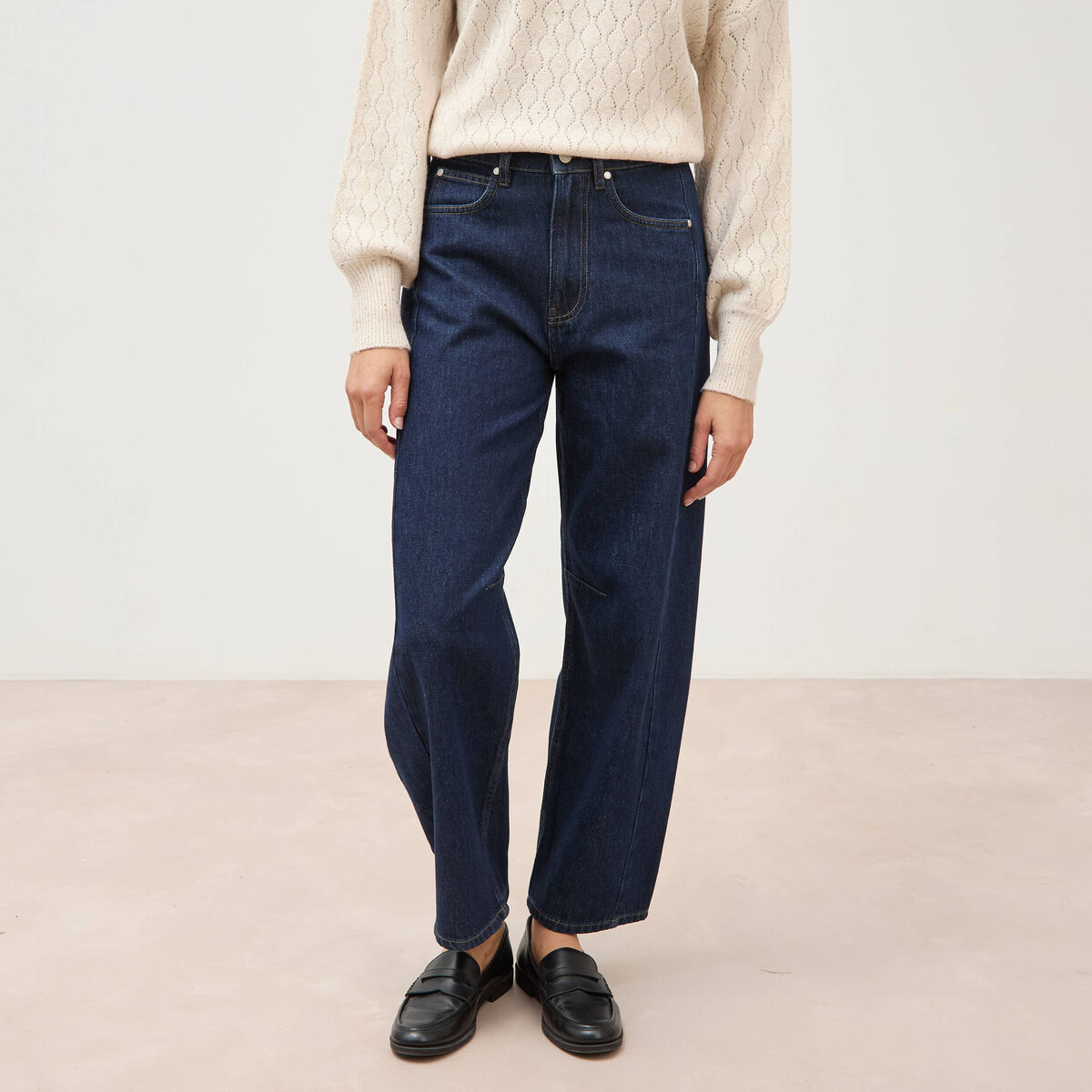 Jeans barrel taille haute broderie denim brut clean femme