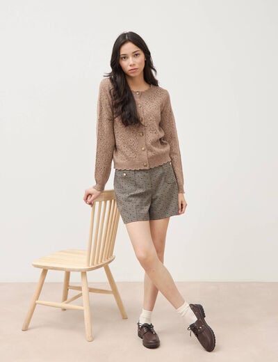 Gilet manches longues col rond taupe femme