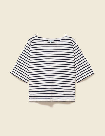T-shirt ray&eacute; col bateau manches courtes ecru femme