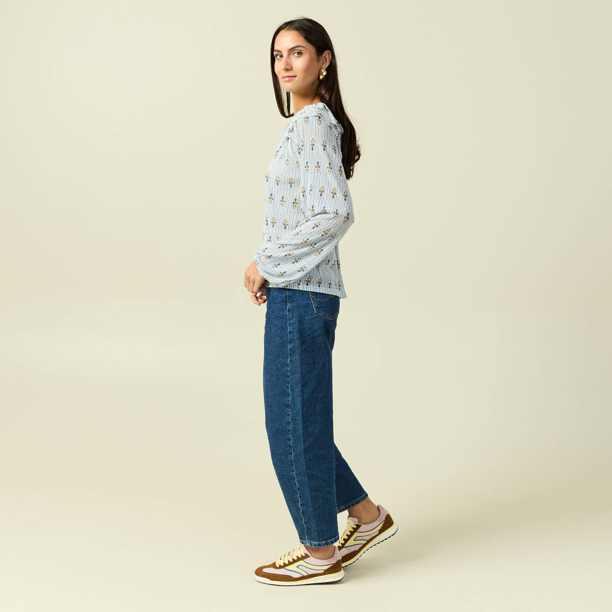 Blouse col rond manches longues bleu ciel femme