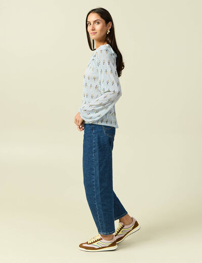 Blouse col rond manches longues bleu ciel femme