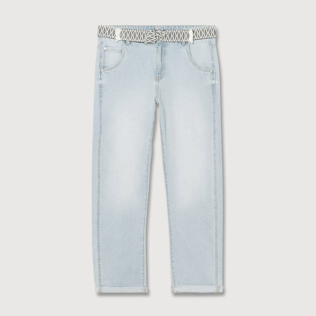 Jeans boyfriend ceintur&eacute; denim bleach femme