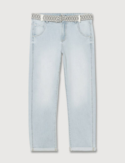 Jeans boyfriend ceintur&eacute; denim bleach femme