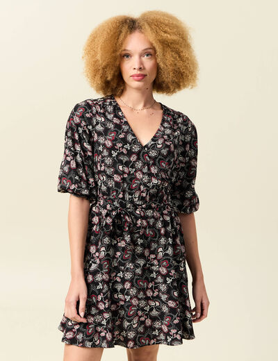 Robe évasée fluide manches 3/4 noir femme
