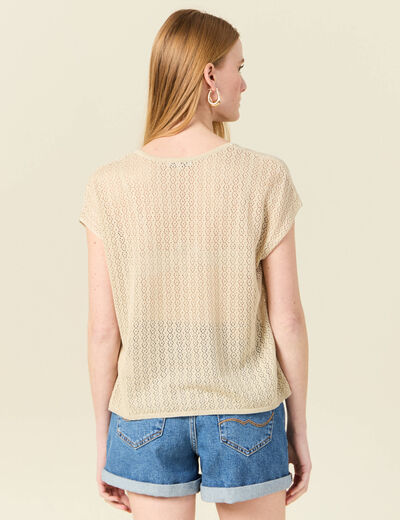 Pull manches courtes ajouré creme femme