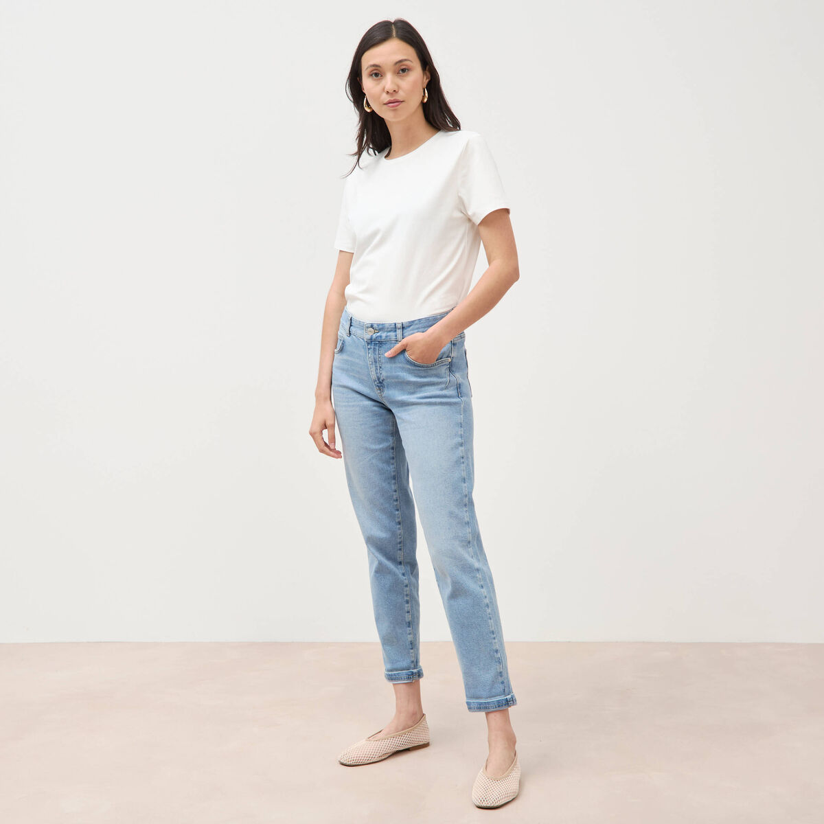 Jeans girlfriend 5 poches denim used femme