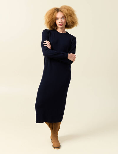 Robe manches longues bleu fonc&eacute; femme