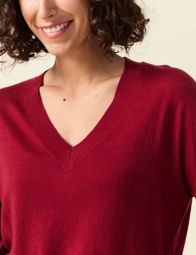 Pull fin col V manches longues rouge femme