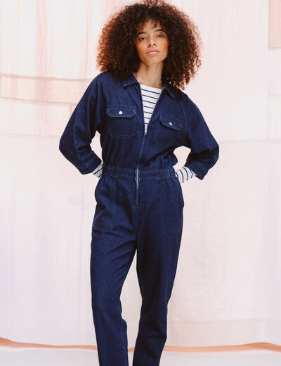 Combipantalon en coton aspect jeans denim brut rinse femme