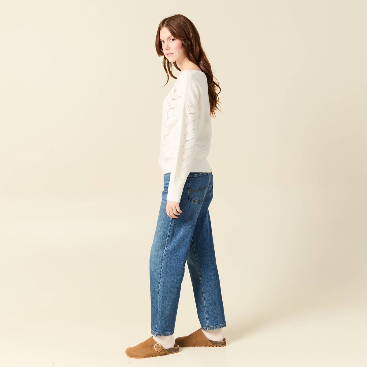 Pull ajour&eacute; col bateau manches longues ecru femme