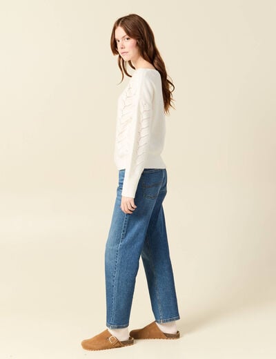Pull ajour&eacute; col bateau manches longues ecru femme