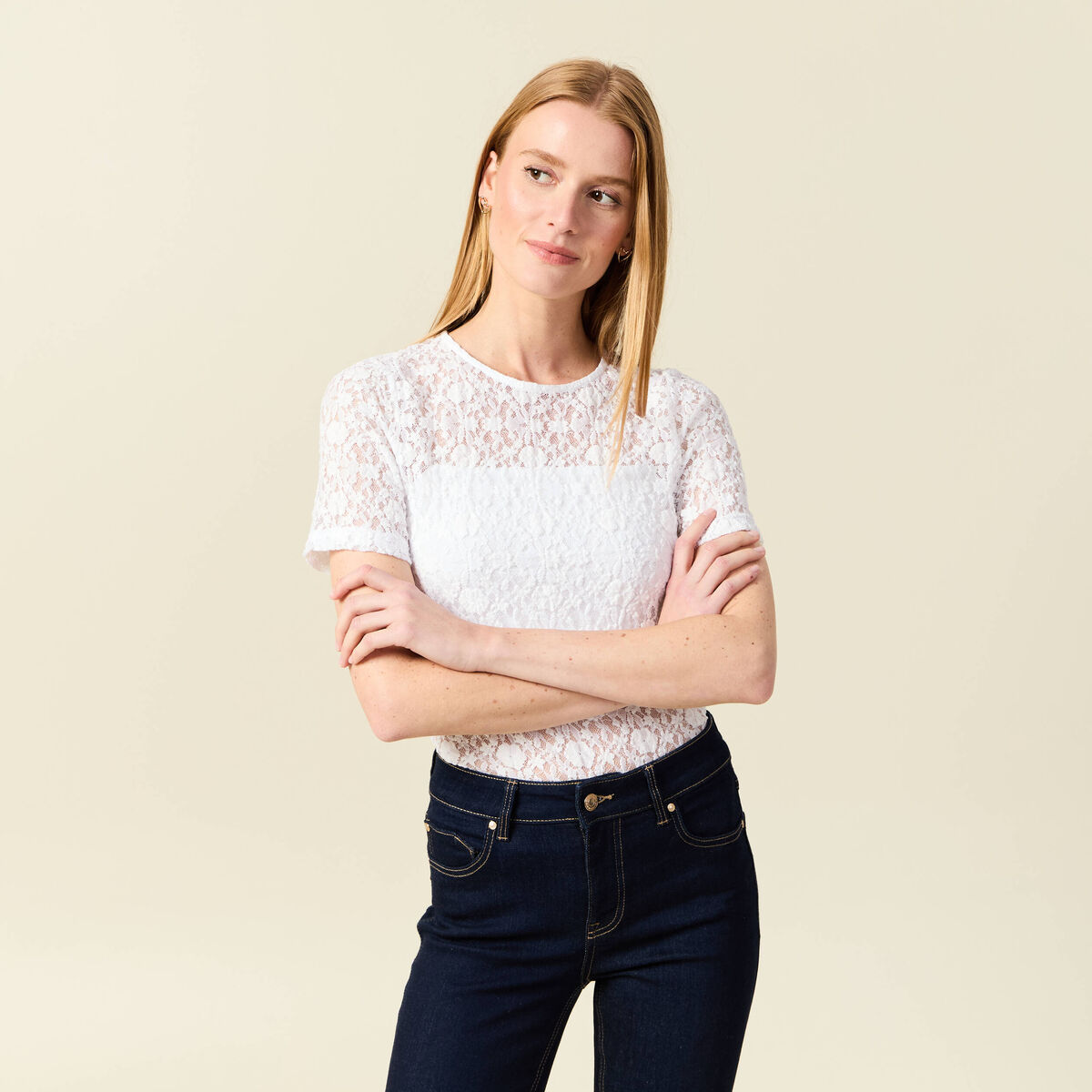 T-shirt cintré col rond dentelle blanc femme