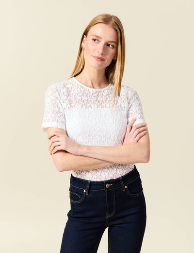 T-shirt cintré col rond dentelle blanc femme