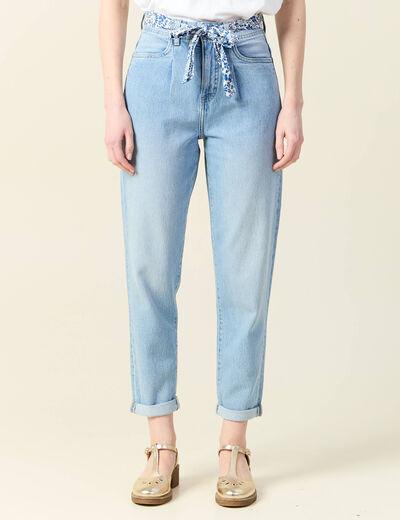 Jeans mom ceinture foulard denim bleach femme