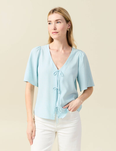 Blouse manches courtes nouée bleu pastel femme