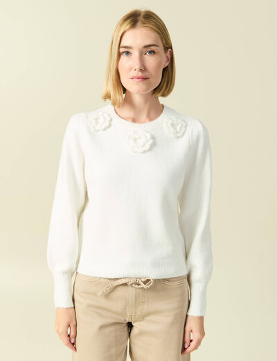 Pull manches longues col rond ecru femme