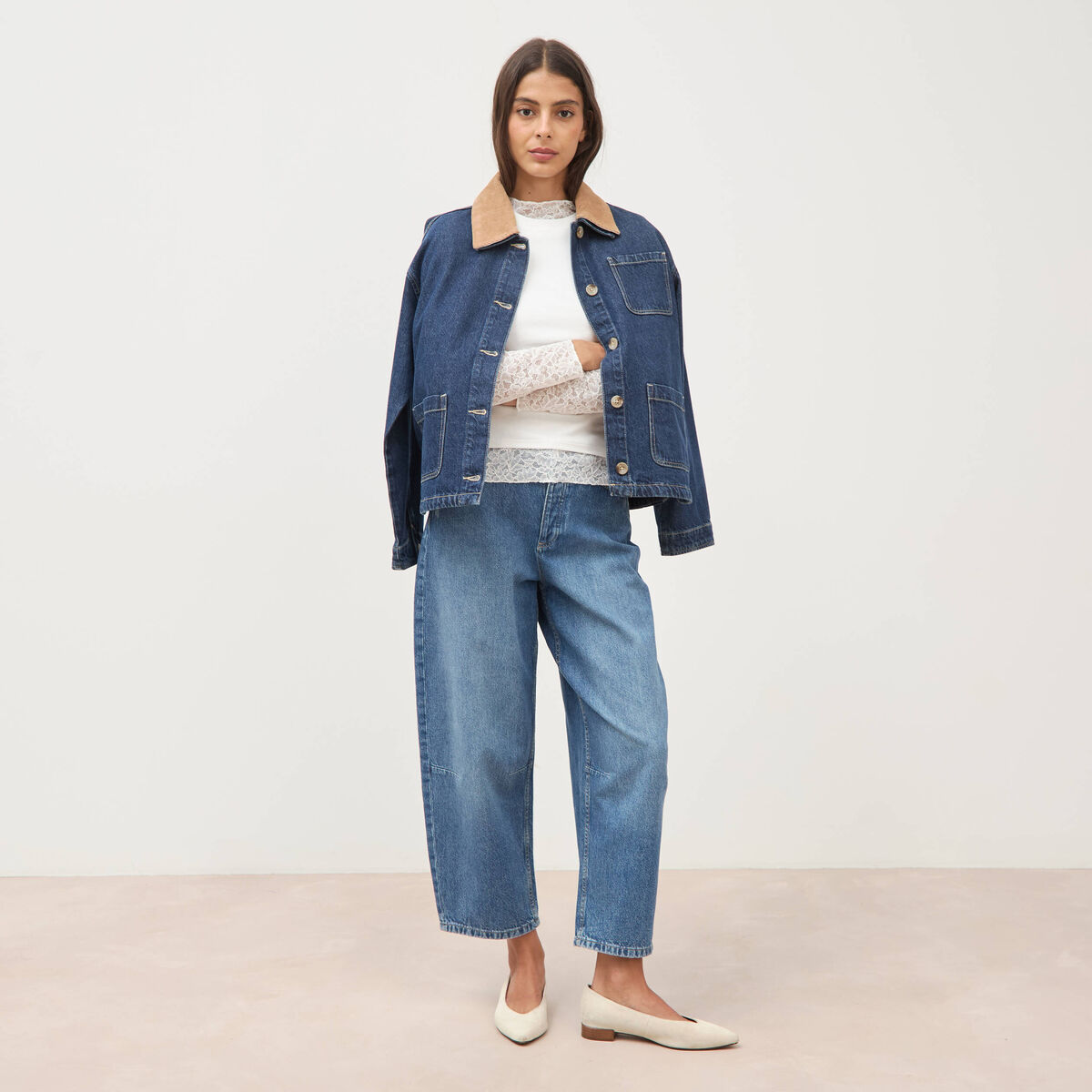 Jeans barrel 7/8&egrave;me taille standard denim used femme