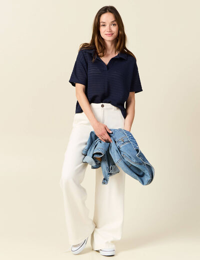 T-shirt manches courtes ajouré bleu marine femme