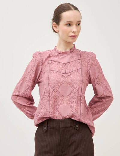 Blouse cintr&eacute;e dentelle manches longues vieux rose femme