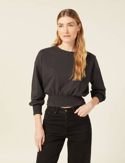 Sweat manches longues smocké gris foncé femme