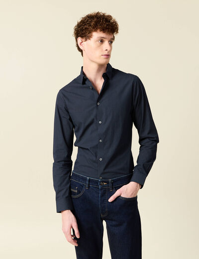 Chemise cintr&eacute;e en coton manches longues bleu marine homme