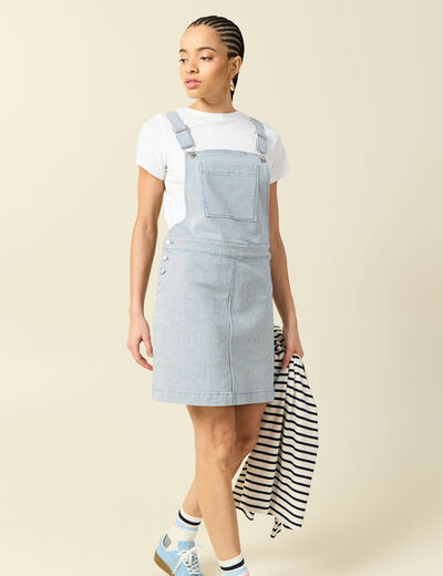 Robe en jeans &agrave; bretelles col carr&eacute; bleu marine femme