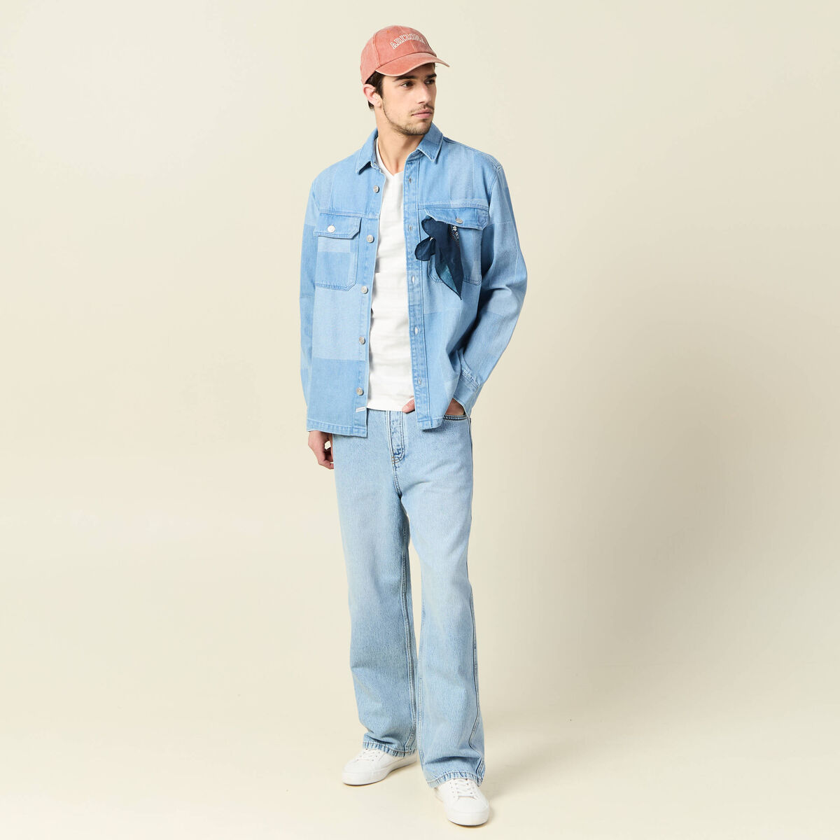 Jeans large 5 poches denim snow bleach homme