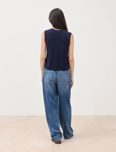 Pull droit court sans manches col rond bleu marine femme