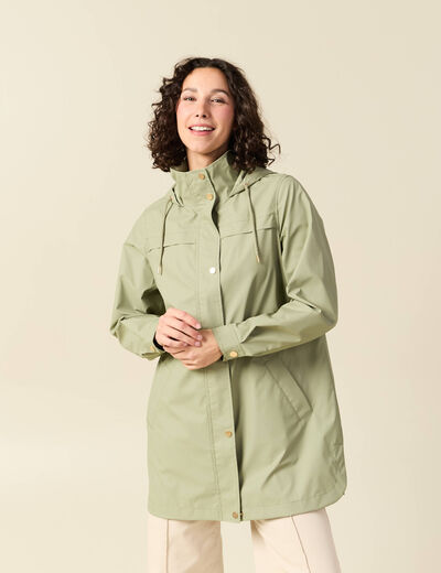 Parka longue droite d&eacute;perlante &agrave; capuche vert kaki femme