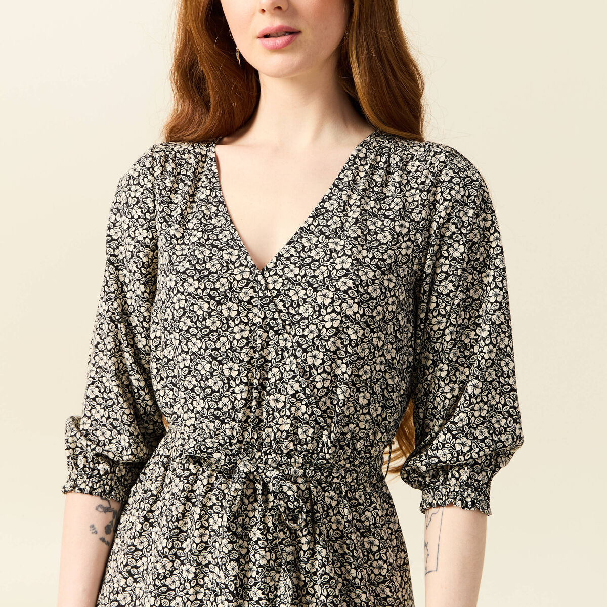 Robe évasée fluide manches 3/4 noir femme