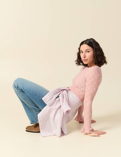 T-shirt ajust&eacute; court manches longues rose pastel femme